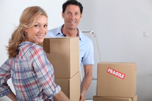Office relocation equipment and furniture prepared for transport