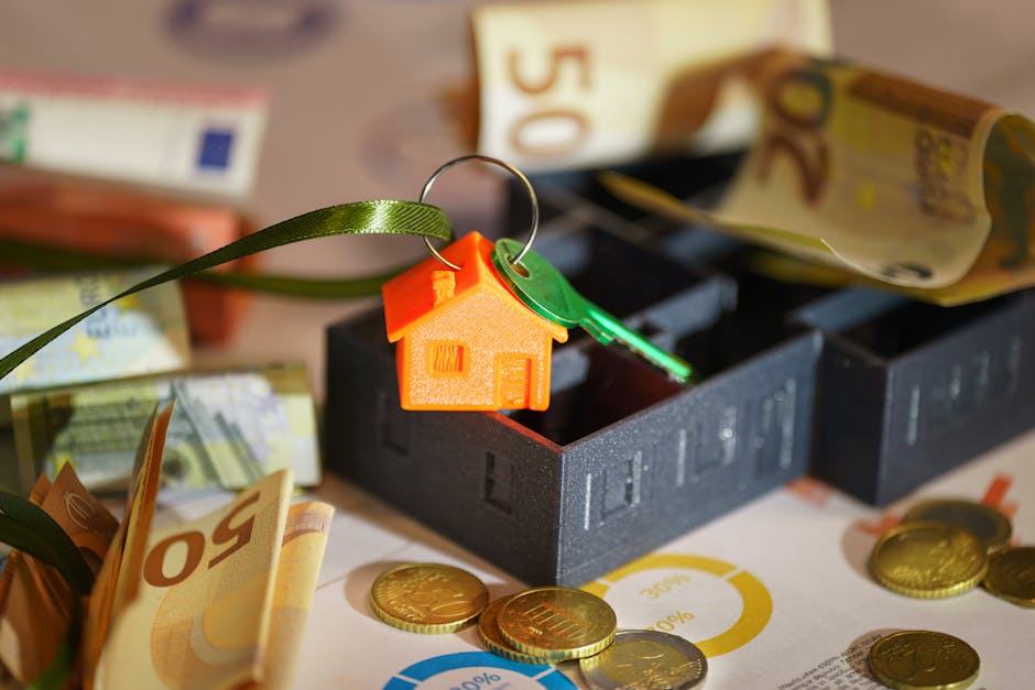 A close-up view of a small orange house-shaped keychain attached to a green key ring, resting on a black foam insert inside a cardboard box used for home relocation and furniture transport. Surrounding the box are various Euro banknotes, including €50 and €20 notes, and gold-colored coins scattered on a surface with printed diagrams. The scene is set indoors, with natural lighting highlighting the packaging materials, cash, and keys, illustrating aspects of packing and moving logistics that can relate to hidden fees in Stanmore removals, as managed by Man with Van Stanmore.