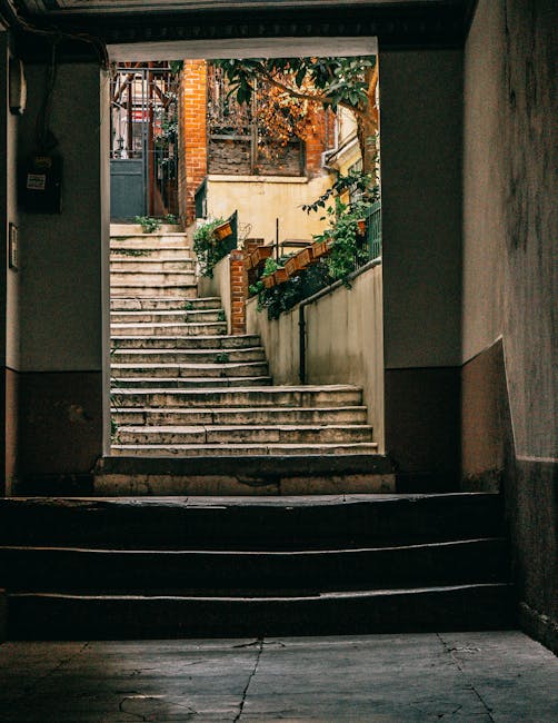 The image shows a staircase viewed from inside a building or parking area, with dark walls and a concrete floor. The stairs are made of concrete or stone and ascend towards an outdoor area with terraced steps. At the top of the stairs, there are residential buildings with brick walls, metal railings, and potted plants with green foliage along the pathway. The scene is illuminated by natural daylight, casting shadows on the steps and surrounding surfaces. This setting reflects the typical environment involved in house removals and furniture transport, with the staircase presenting a narrow, potentially challenging passage for a home relocation or moving process. A professional moving service like Man with Van Stanmore would carefully manage such spaces during their packing and loading operations, ensuring furniture and boxes are safely navigated through stairways during the lifting and transport phases of a home removal.